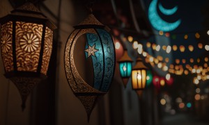 Eid lamps or lanterns for Ramadan and other islamic muslim holidays, with copy space for text. Generative AI.