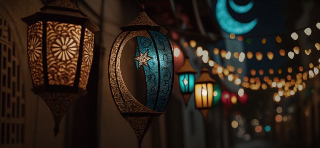 Eid lamps or lanterns for Ramadan and other islamic muslim holidays, with copy space for text. Generative AI.